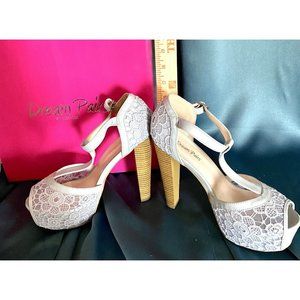 Dream Pairs “Laura L” Grey Lace Platform Pump 5” High Heel Shoes, Adj Buckle
